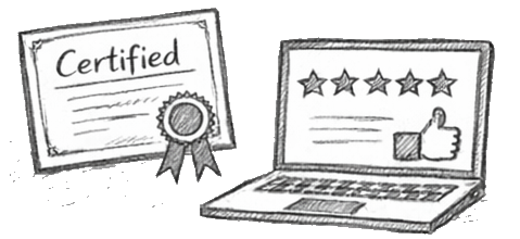 Cartoon of a laptop with certificate on it and a paper certificate showing how insurance and qualifications should be checked