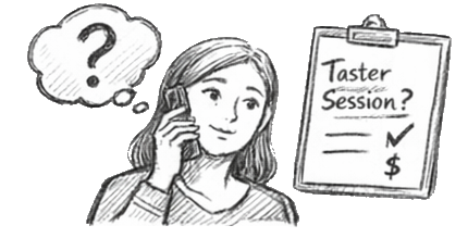 Cartoon image of a person on a phone with a checklist and a speech bubble indicating they are speaking to a provider for more information