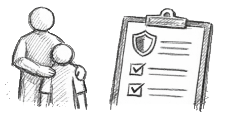Cartoon of adult and child and clipboard with ticks showing safeguarding compliance.