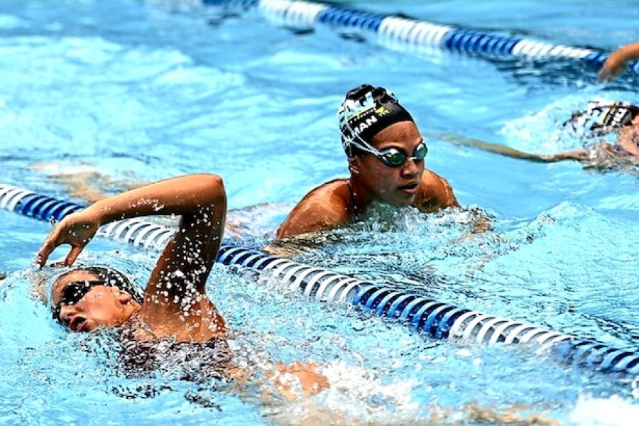 Photograph of two swimmers swimming in lanes at a swimming pool