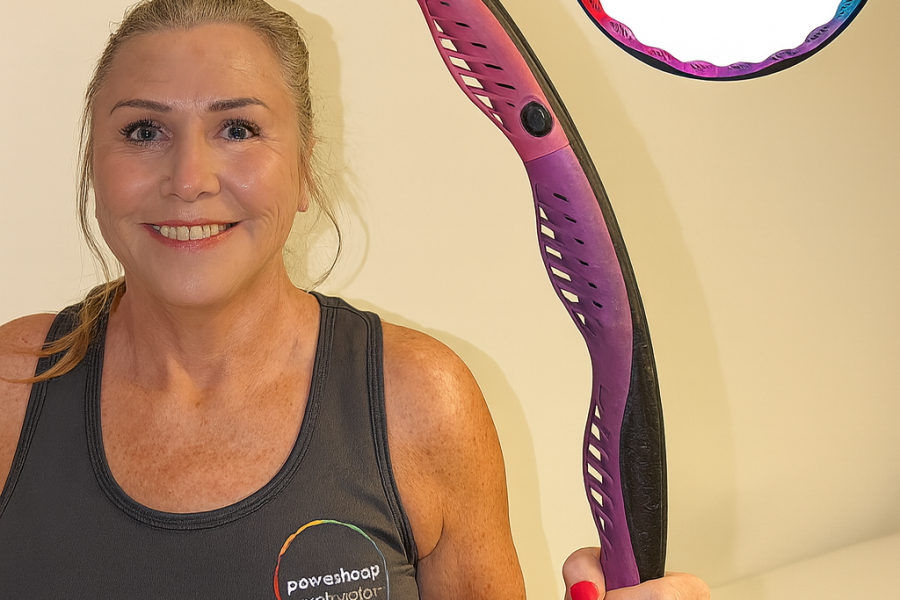 Woman holding a Powerhoop in a gym