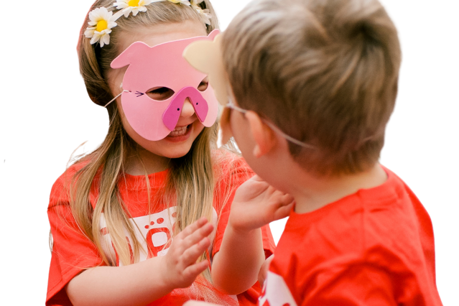 Photograph of two young children in Tappy Toes T Shirts having fun and logo